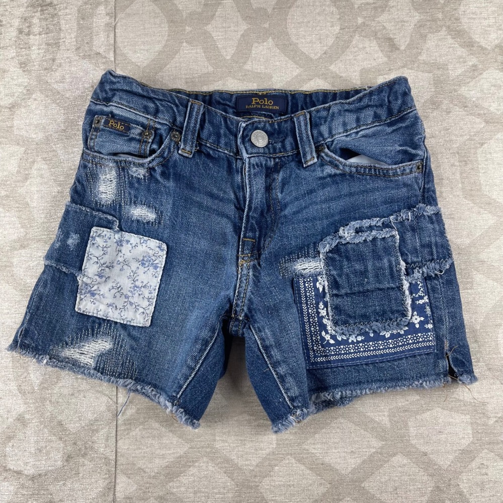 Polo Ralph Lauren Girls 7 Blue Patchwork Distressed Denim Cut-Off Shorts Bandana